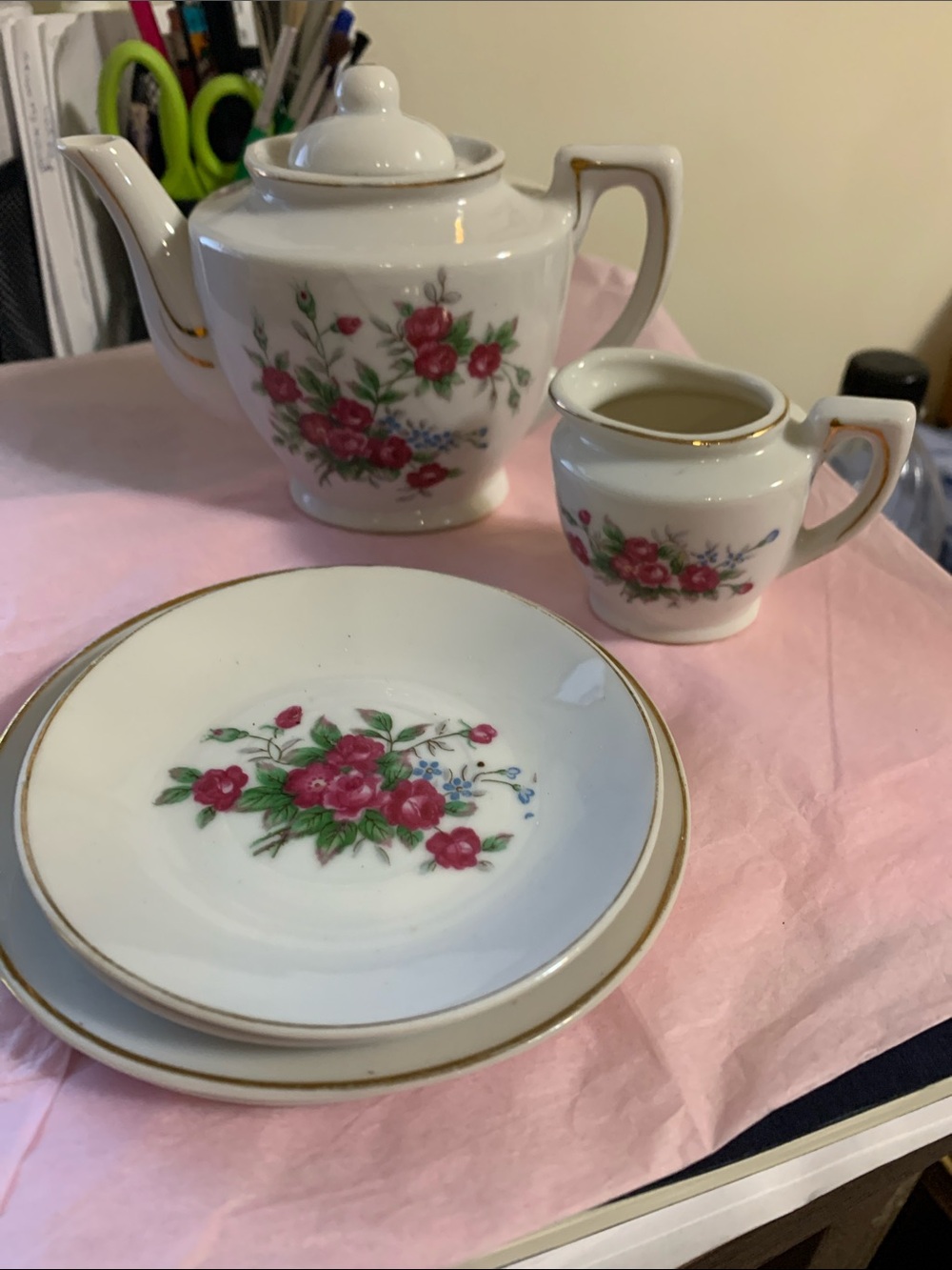 Miniature White Porcelain Tea Set with Pink Floral Pattern & Gold Trim Childrens